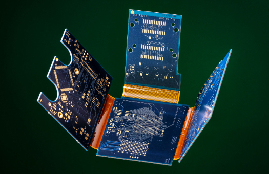 Photo of rigid-flex PCB with blue solder resist mask